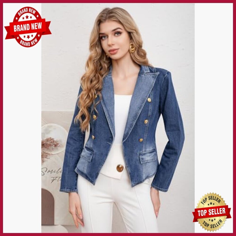 Slim Fit Denim Blazer Long Sleeve Double Breasted Notched Lapel Jacket - Picture 5 of 7